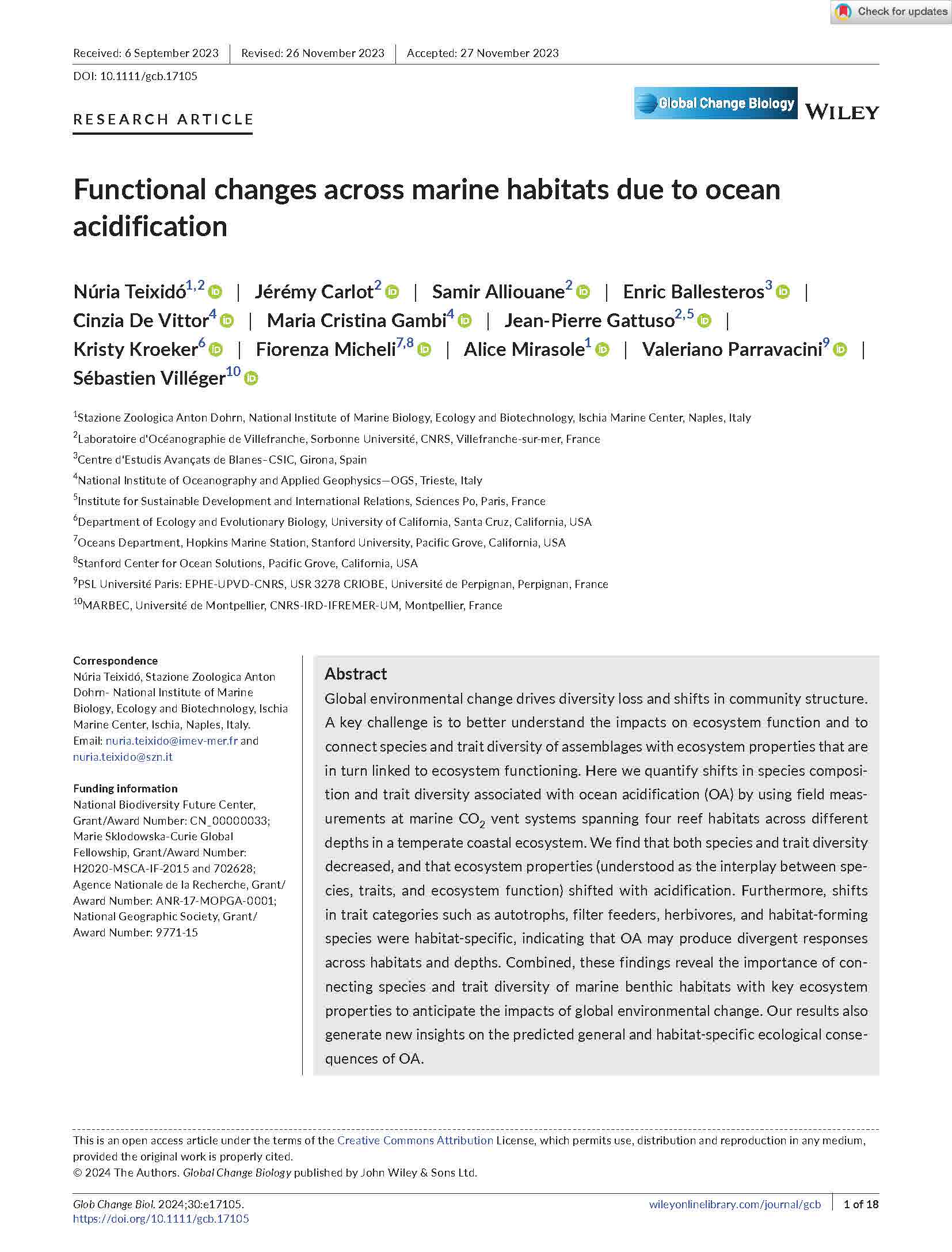 Teixidó et al 2024 Functional changes across marine habitats due to ocean acidification GCB